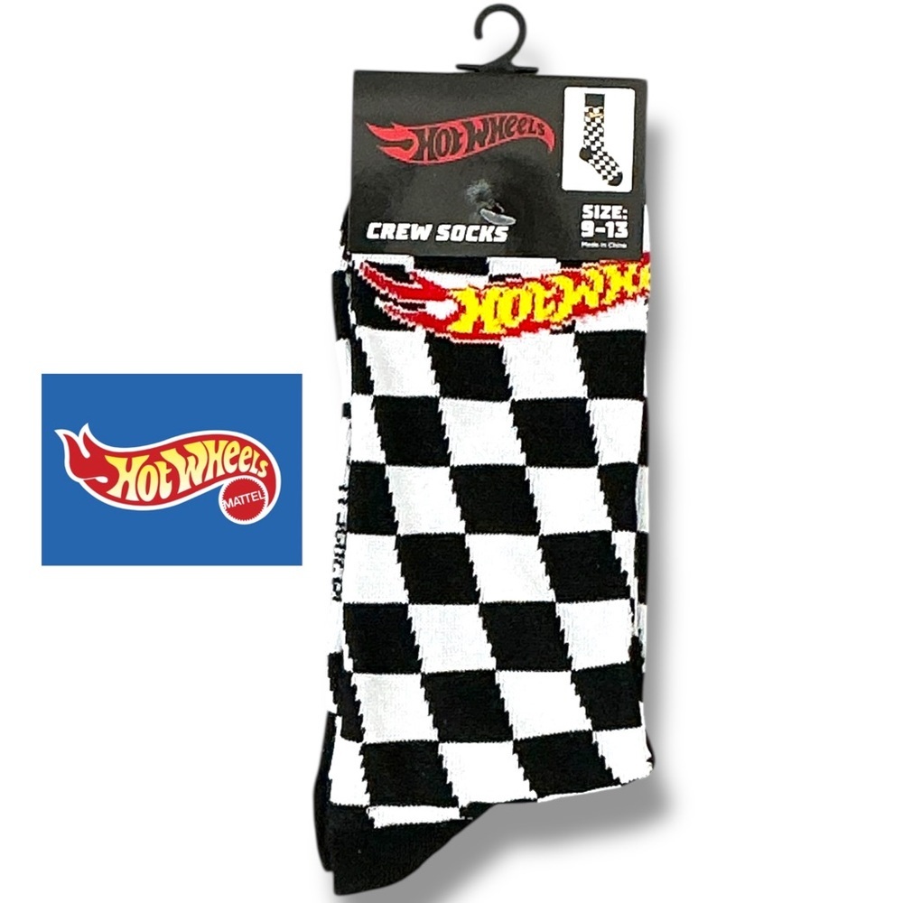 Mattel Hot Wheels Crew Socks  Novelty Checkered Flag Unisex Mens 9-13 One Size